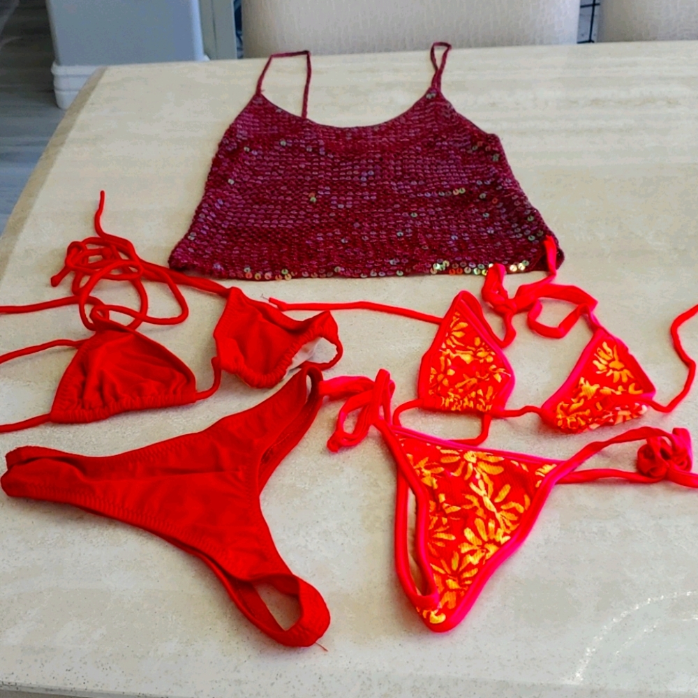 Two Thong Bikinis-small Plus a Sequin Cover Up Top